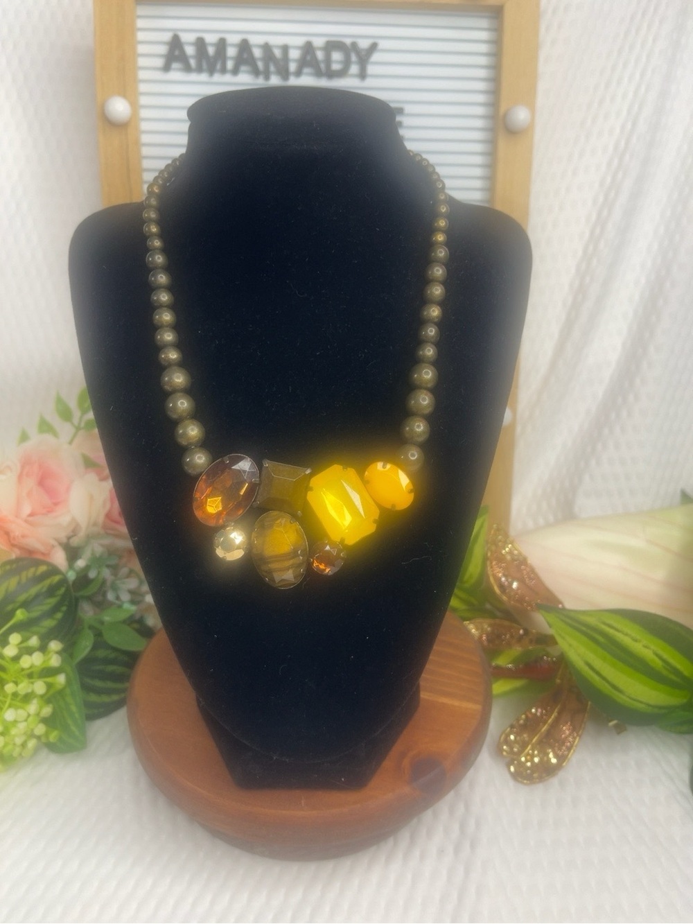 Gold Tone Beaded Statement Necklace Amber Brown Champagne Cluster Bib Necklace